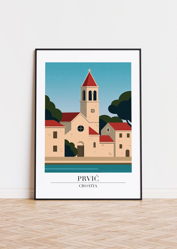 Prvic Croatia Seaside Church Red Spire Cove Retro Travel Poster