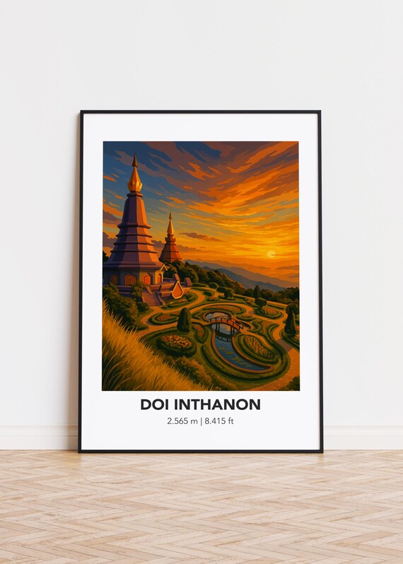 Doi Inthanon Thailand Golden Stupas Sunset Temple View Art Poster