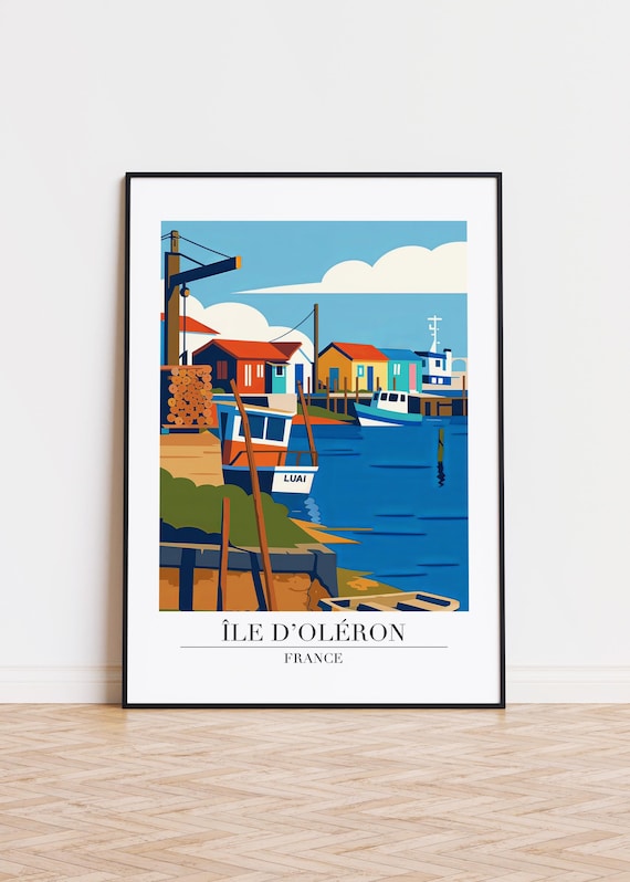Ile dOleron France Fishing Harbor Travel Poster Colorful Boats Village