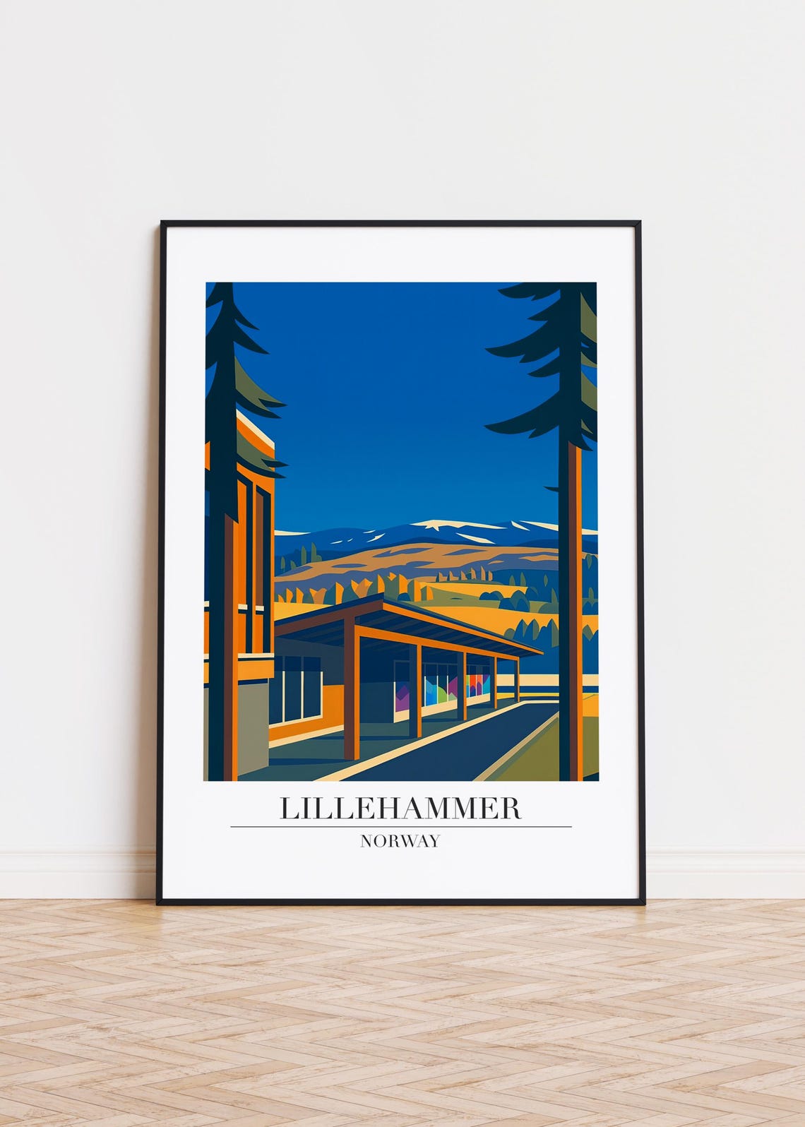 Lillehammer Norway Modern Station Pine Forest Mountain Travel Poster