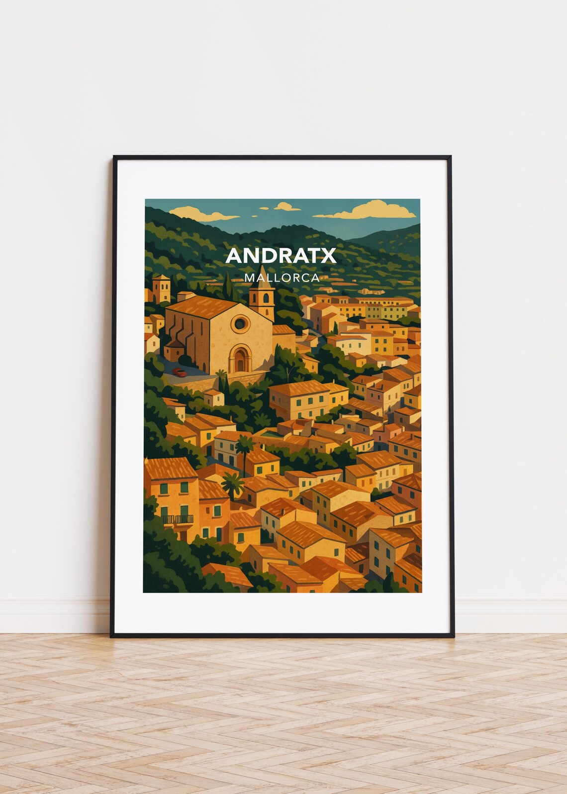 Andratx Mallorca Old Town Church Vintage Travel Style Poster