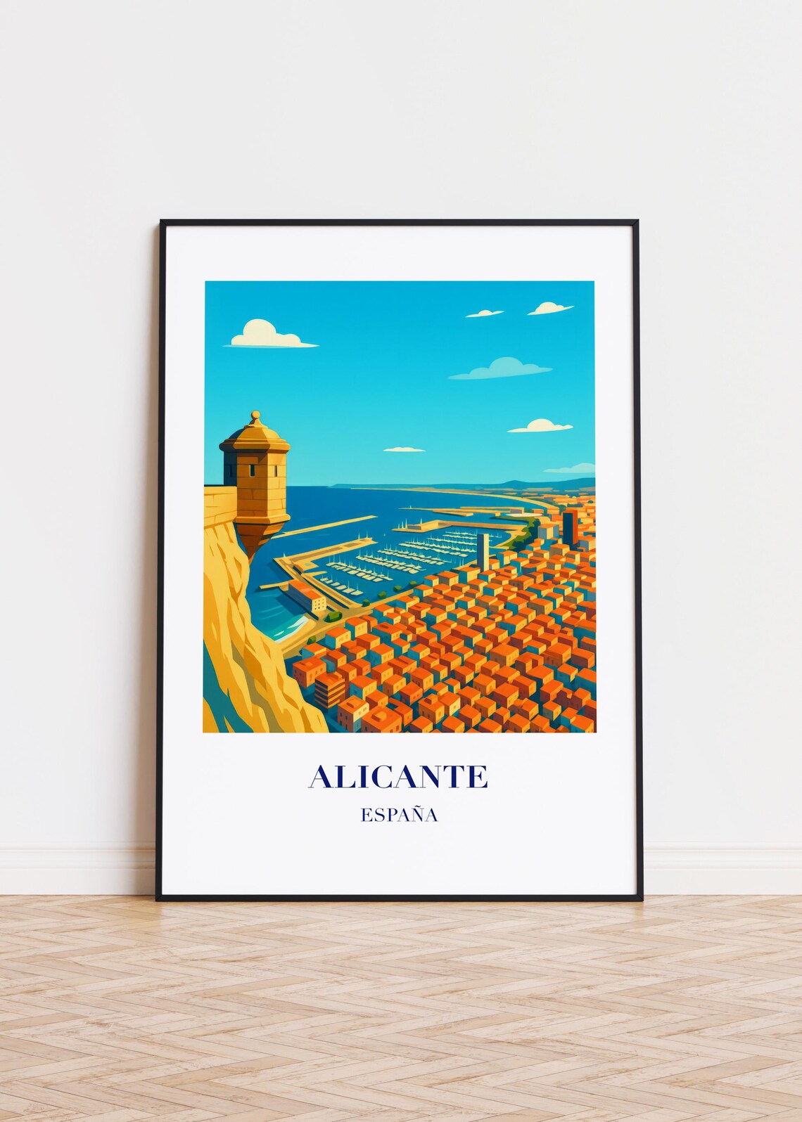 Alicante Spain Marina Harbor Fortress View Retro Travel Art Poster