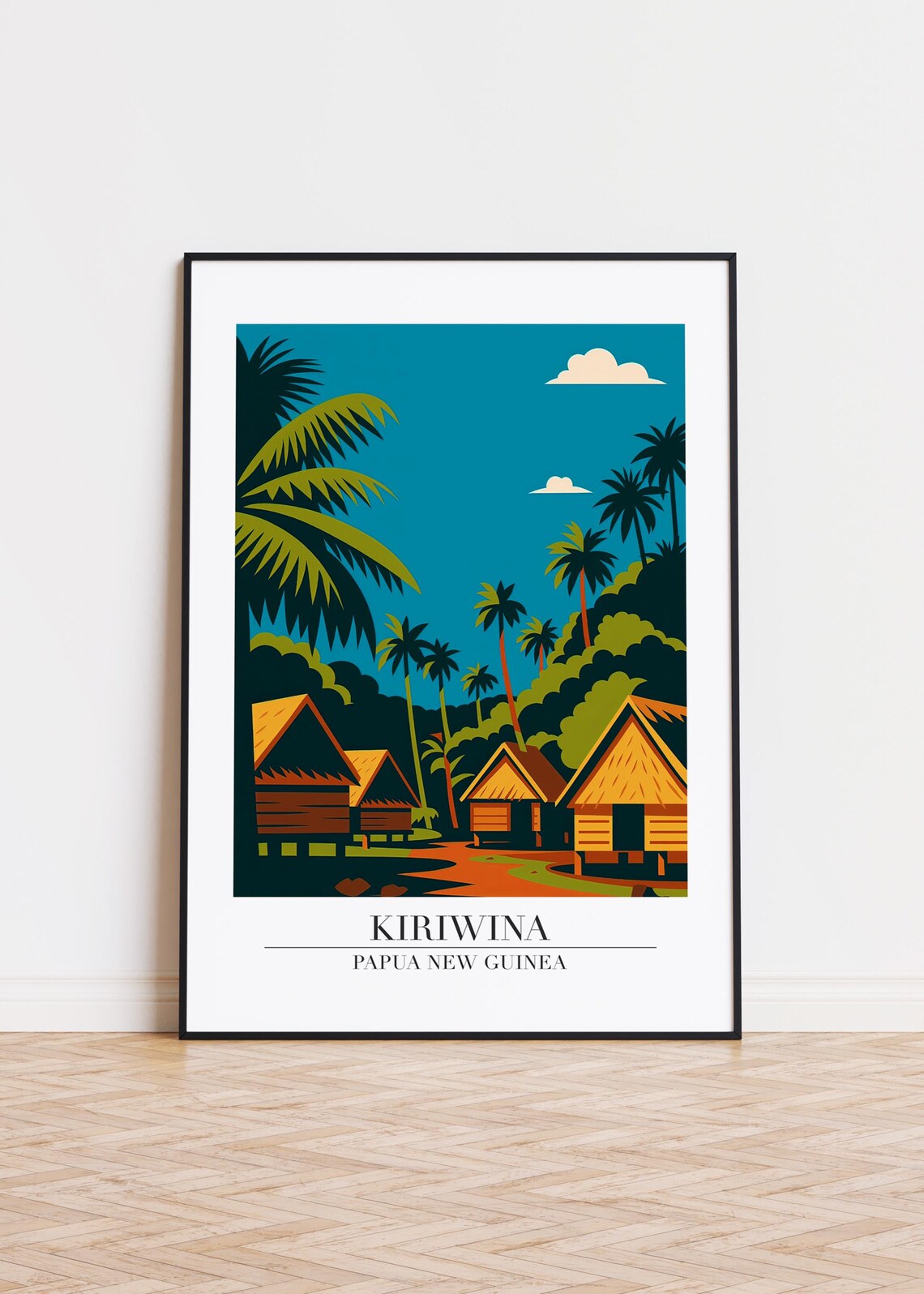 Kiriwina Papua New Guinea Thatched Huts Palm Grove Travel Art Poster