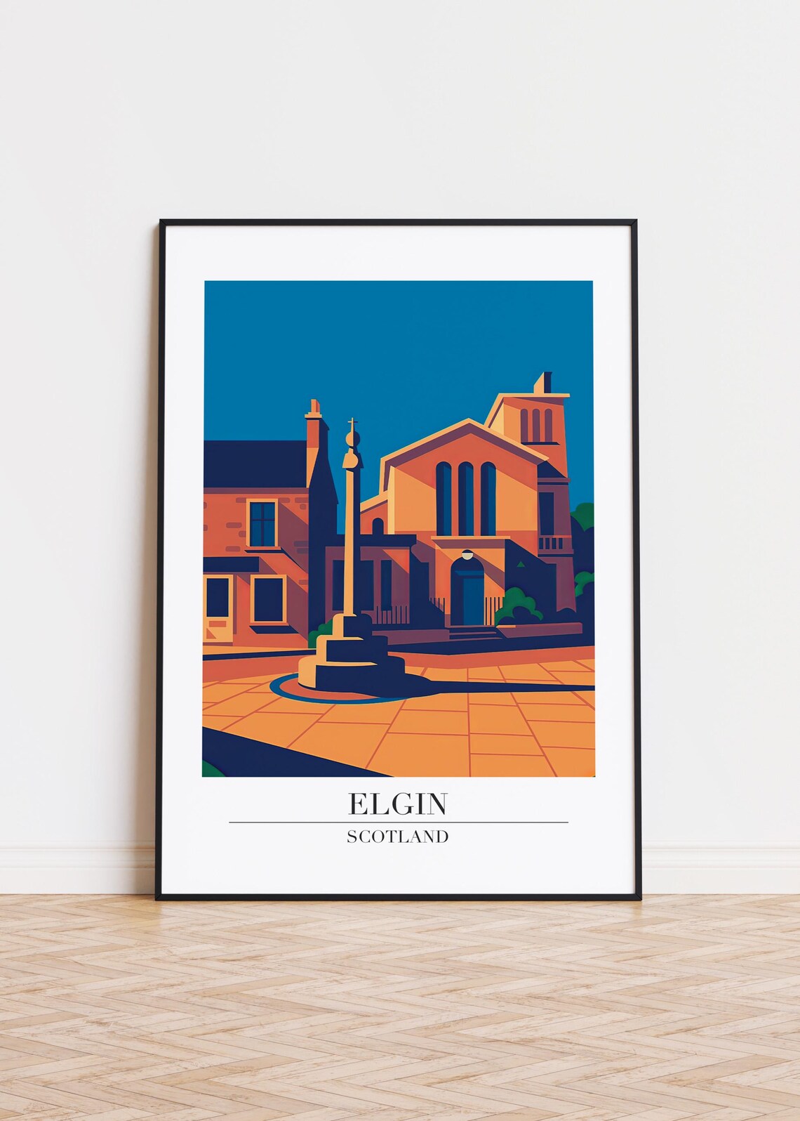 Elgin Scotland Sunset Travel Poster With Old Town Square And Church Art