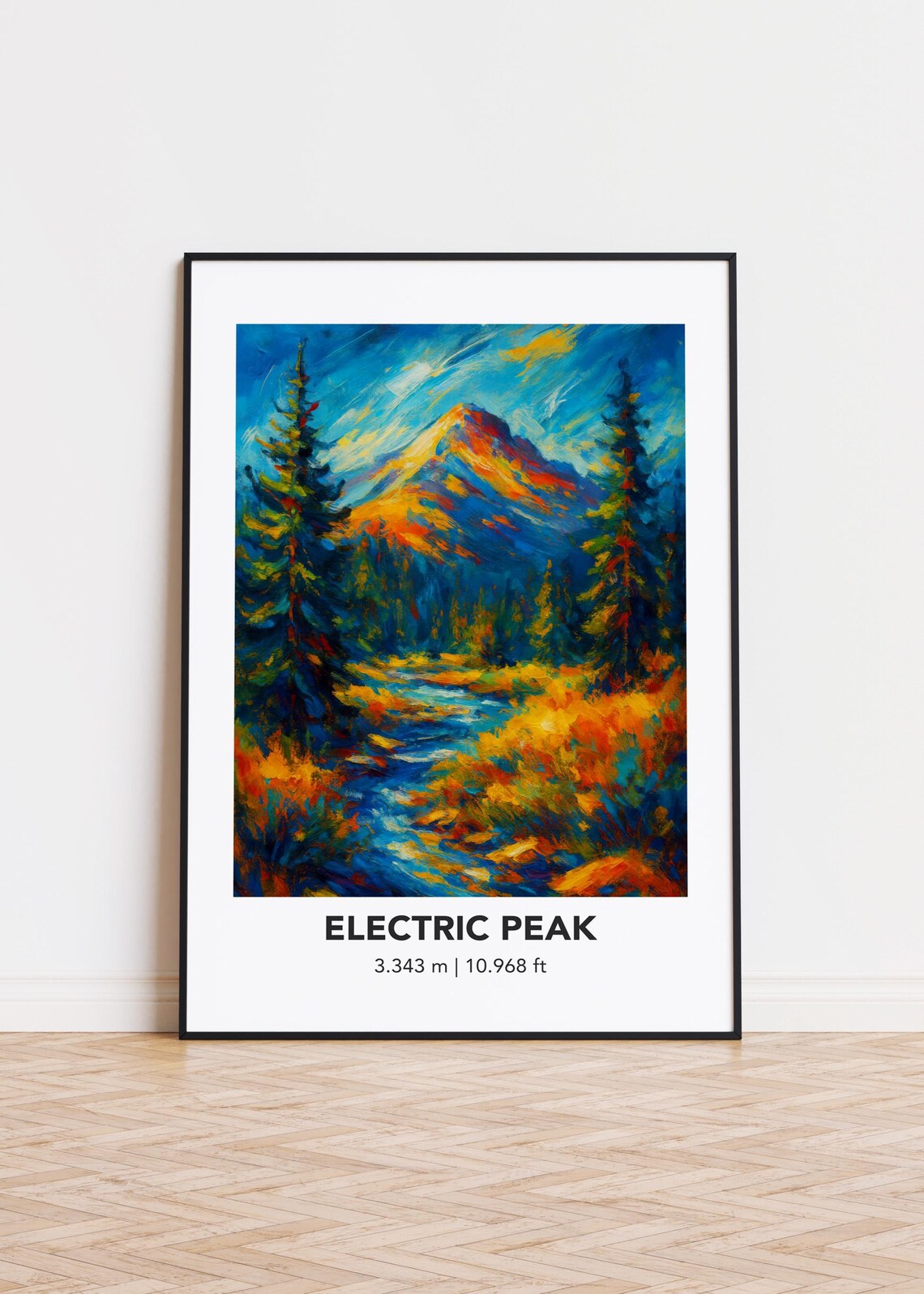Electric Peak Pine Forest River Vibrant Oil Painting Style Mountain Poster