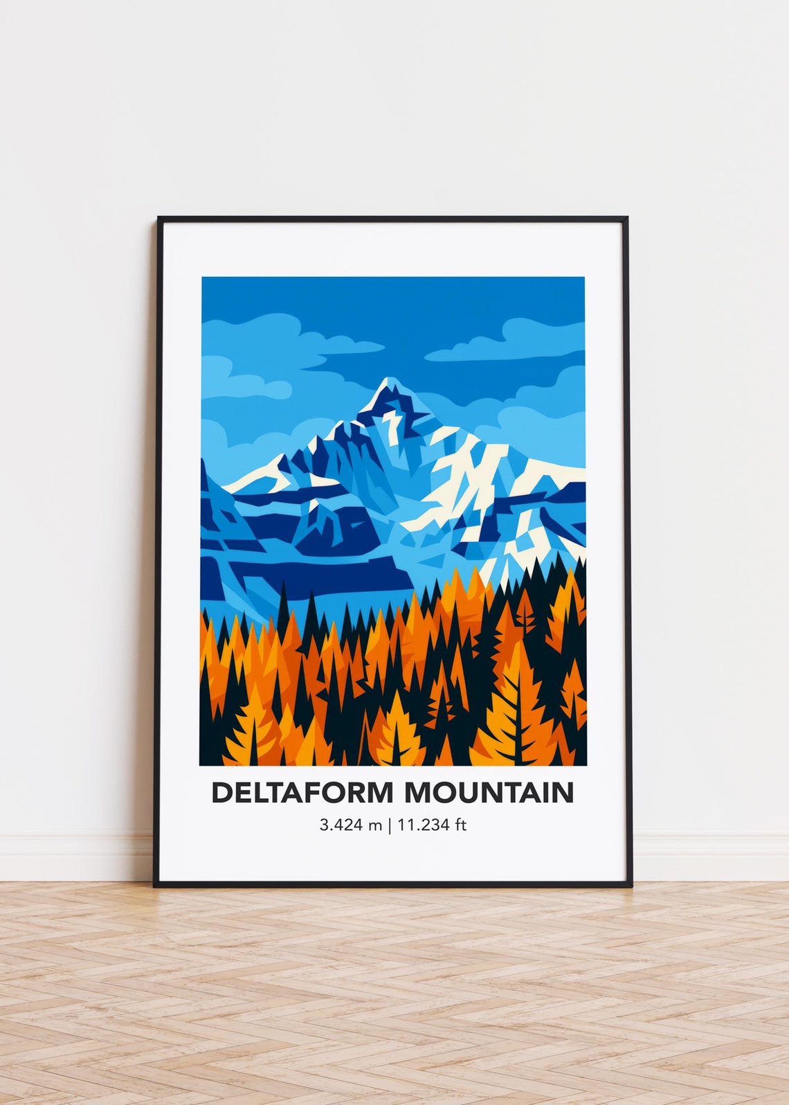 Deltaform Mountain Poster Snowy Peak Over Autumn Orange Forest Art