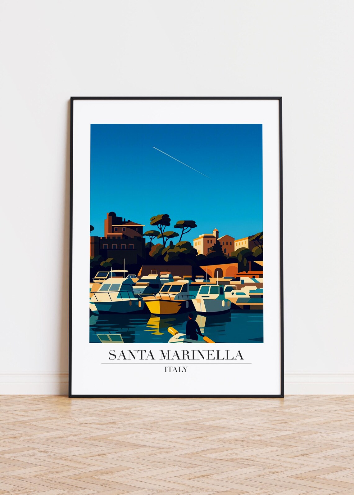 Santa Marinella Italy Marina Boats Retro Travel Illustration Poster
