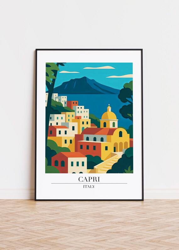 Capri Italy Travel Poster Colorful Coastal Town and Church Dome View