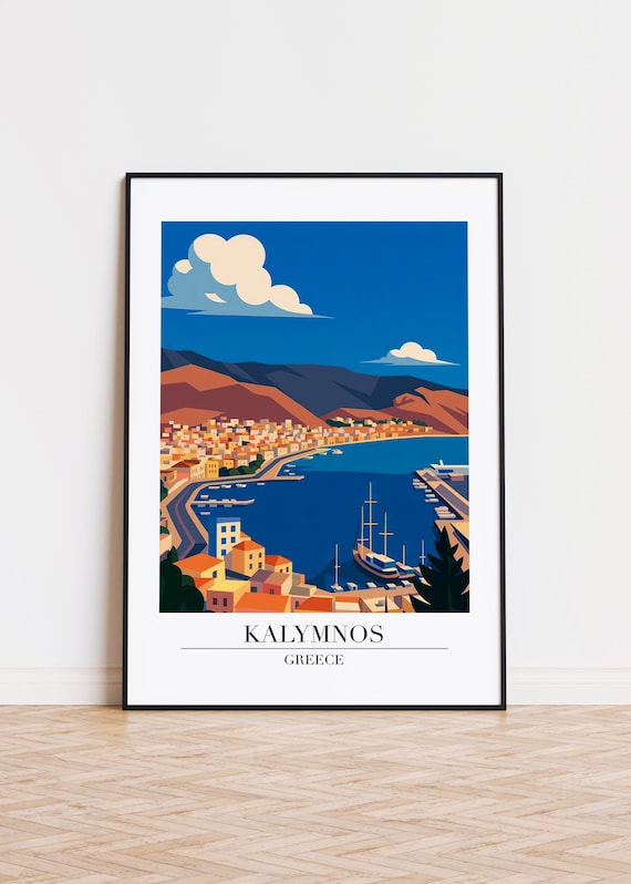 Kalymnos Greece Harbor Sailboats Blue Retro Style Travel Poster