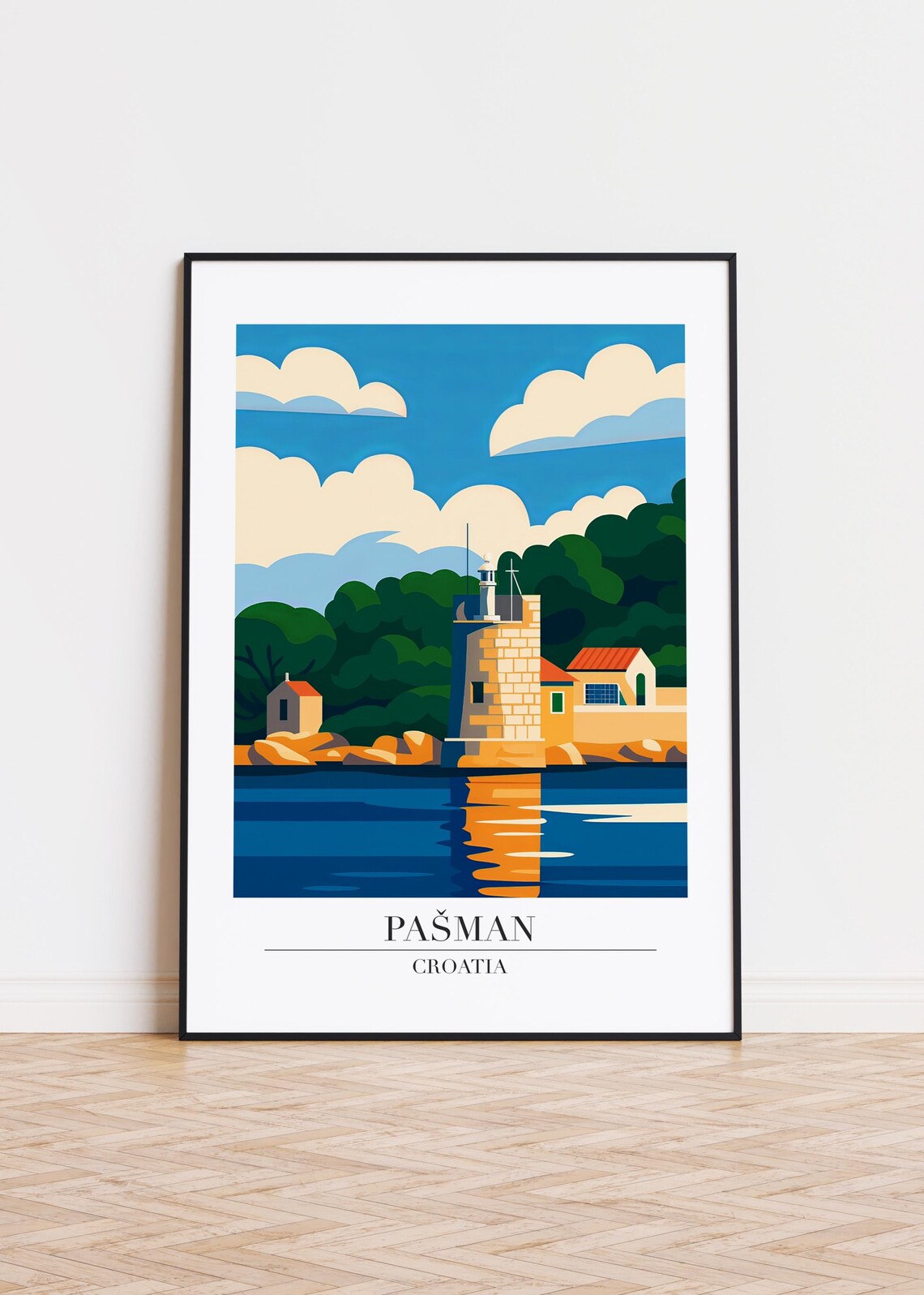Pasman Croatia Lighthouse Coastal Village Vintage Travel Art Poster