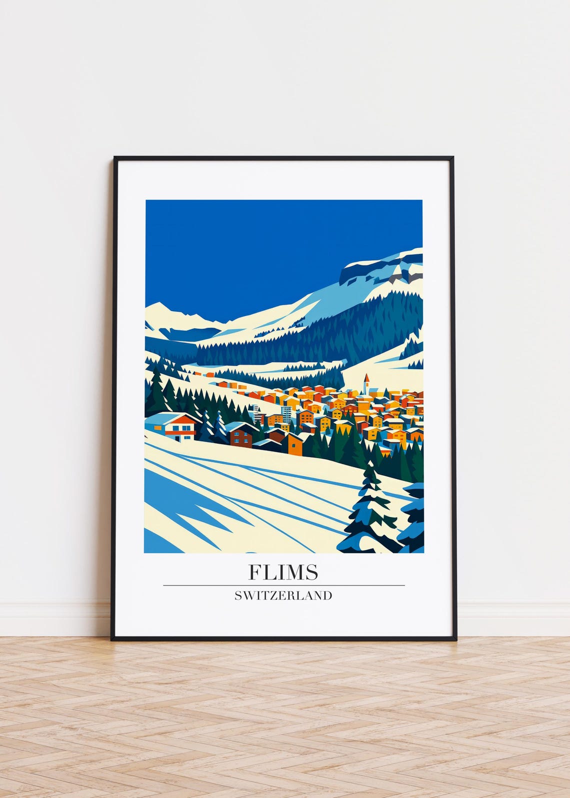 Flims Switzerland Snowy Ski Village Slopes Winter Art Poster