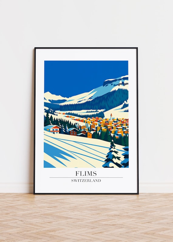 Flims Switzerland Snowy Ski Village Slopes Winter Art Poster