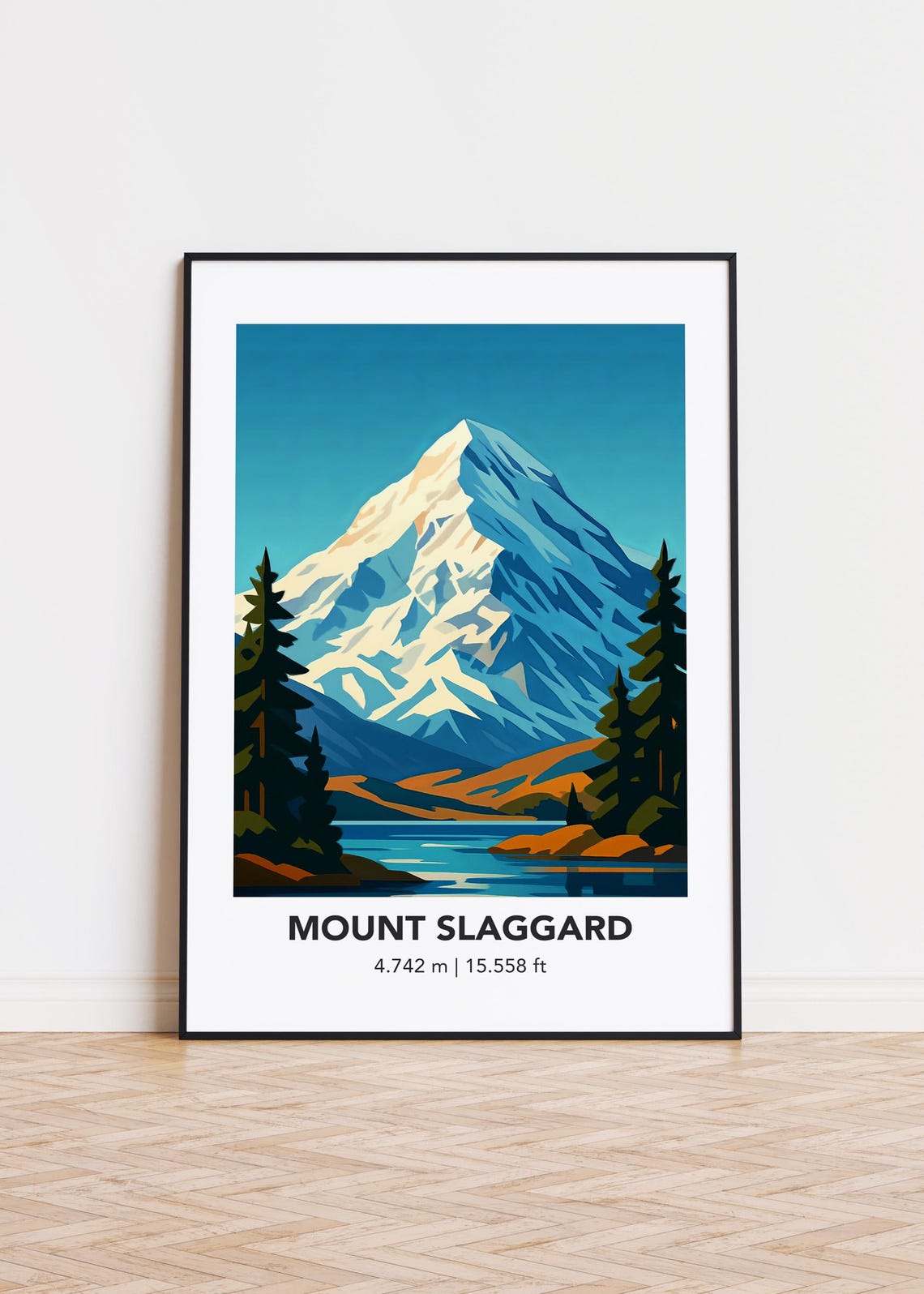 Mount Slaggard Gleaming Snow Summit Calm Lake Pines Art Poster