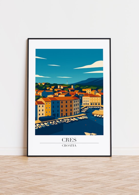 Cres Croatia Harbor Town Night Blue Water Boats Old Town Travel Poster
