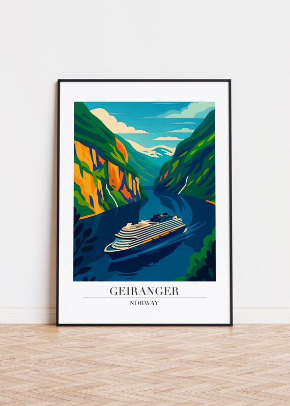 Geiranger Norway Fjord Cruise Ship Colorful Travel Illustration Poster