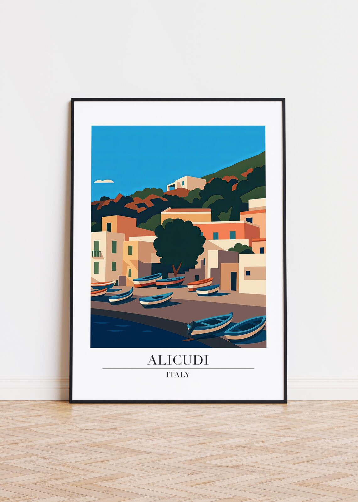 Alicudi Italy Fishing Boats Harbor Aeolian Islands Travel Poster