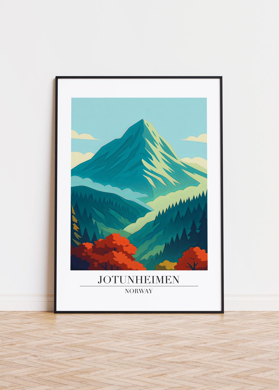 Jotunheimen Norway Autumn Mountain Peak Forest Illustration Poster
