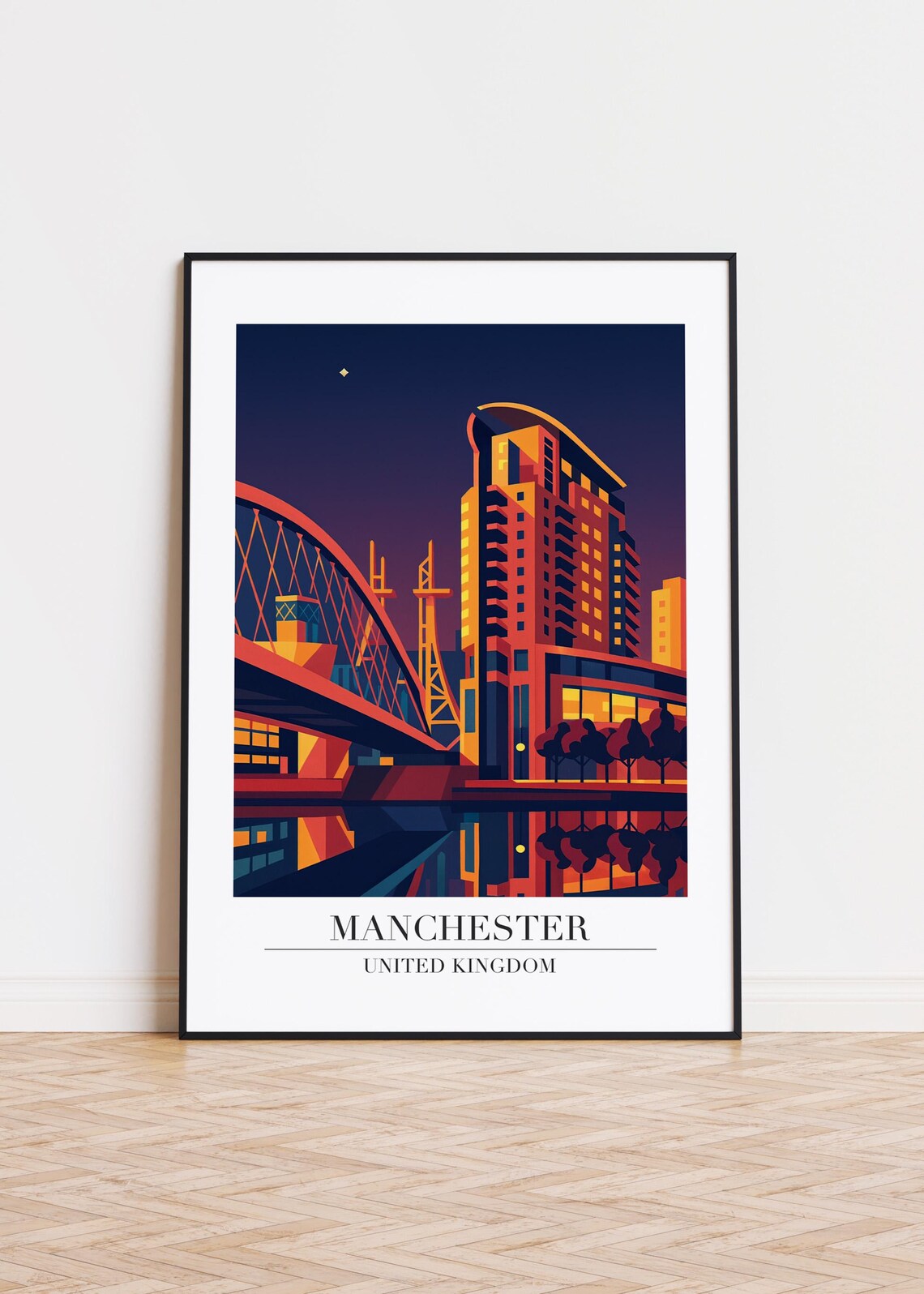 Manchester Salford Quays Night Modern Travel Poster Neon Bridge City Art