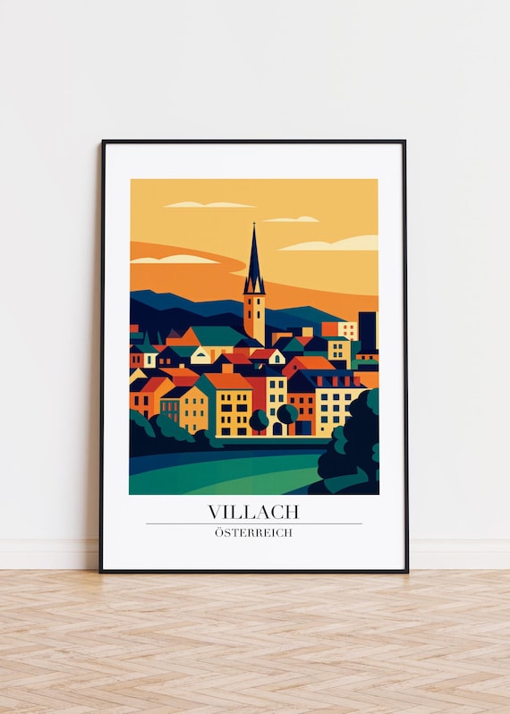Villach Austria Sunset Old Town Church Tower Illustration Poster