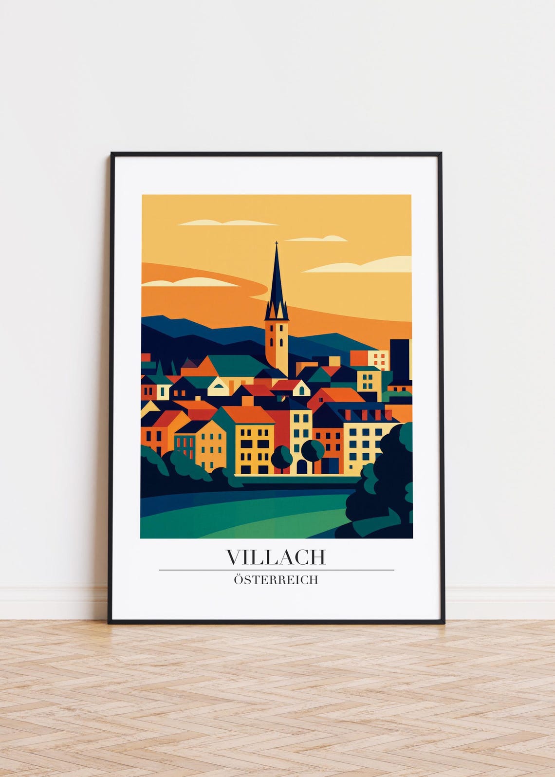 Villach Austria Sunset Old Town Church Tower Illustration Poster