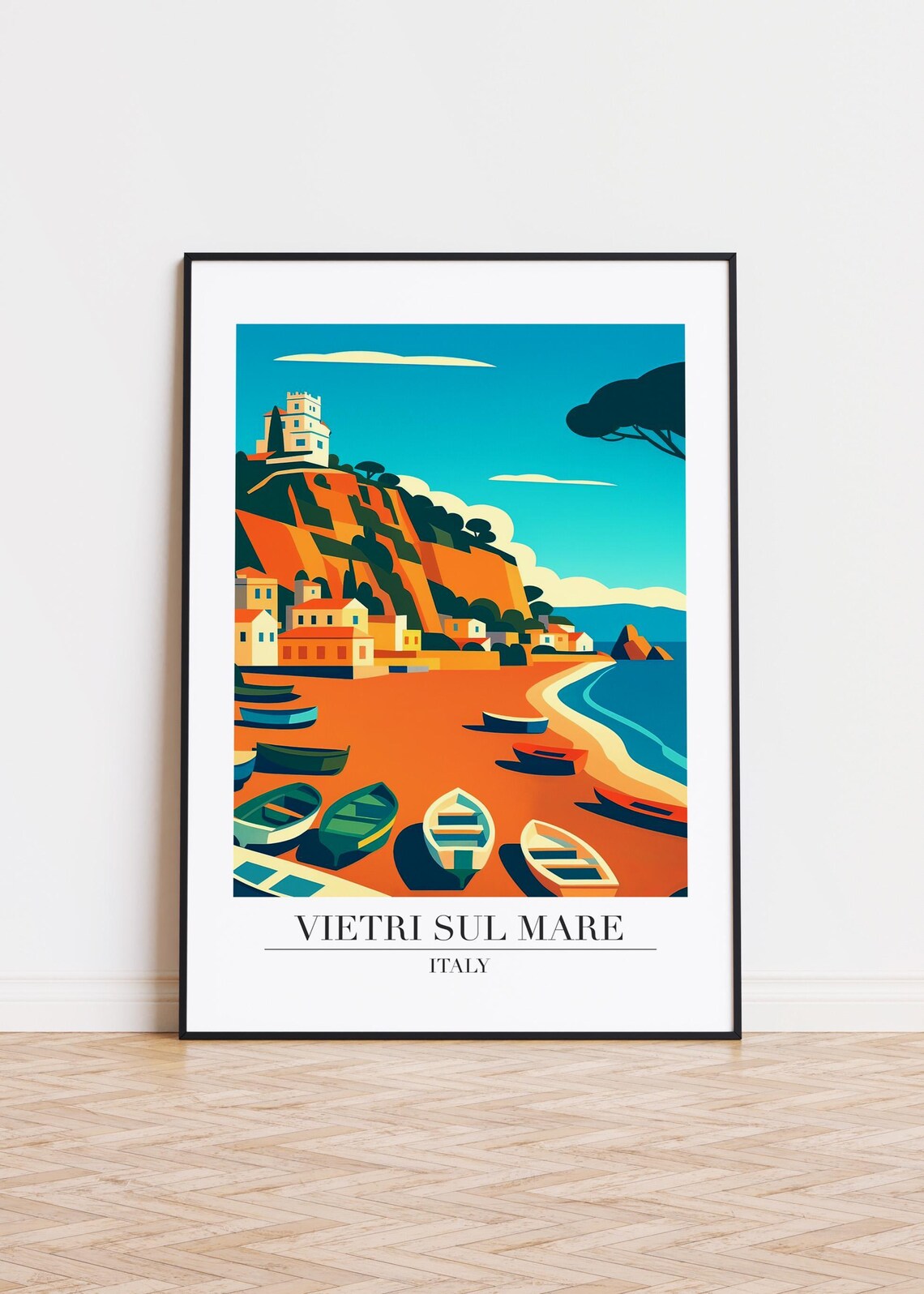 Vietri Sul Mare Italy Coastal Beach Boats Illustration Art Print