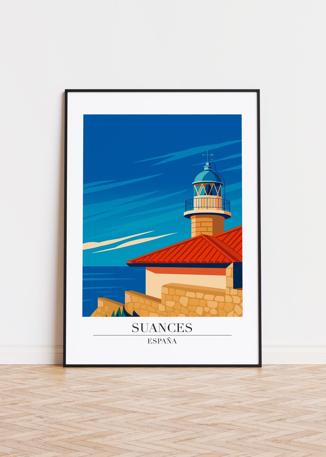 Suances Spain Lighthouse Over Blue Sea Modern Travel Art Poster