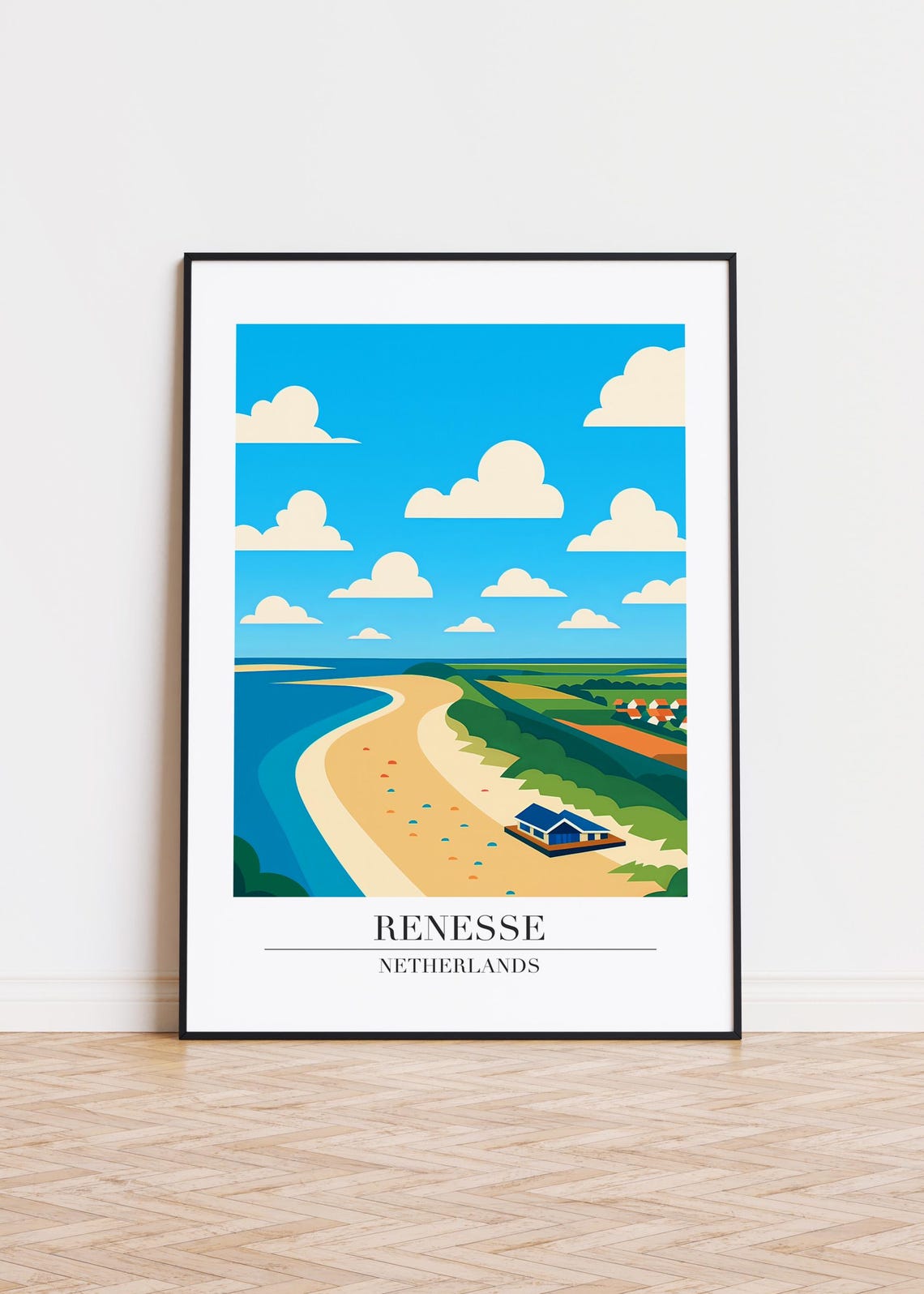 Renesse Netherlands Sandy Blue Beach Pavilion Travel Art Poster