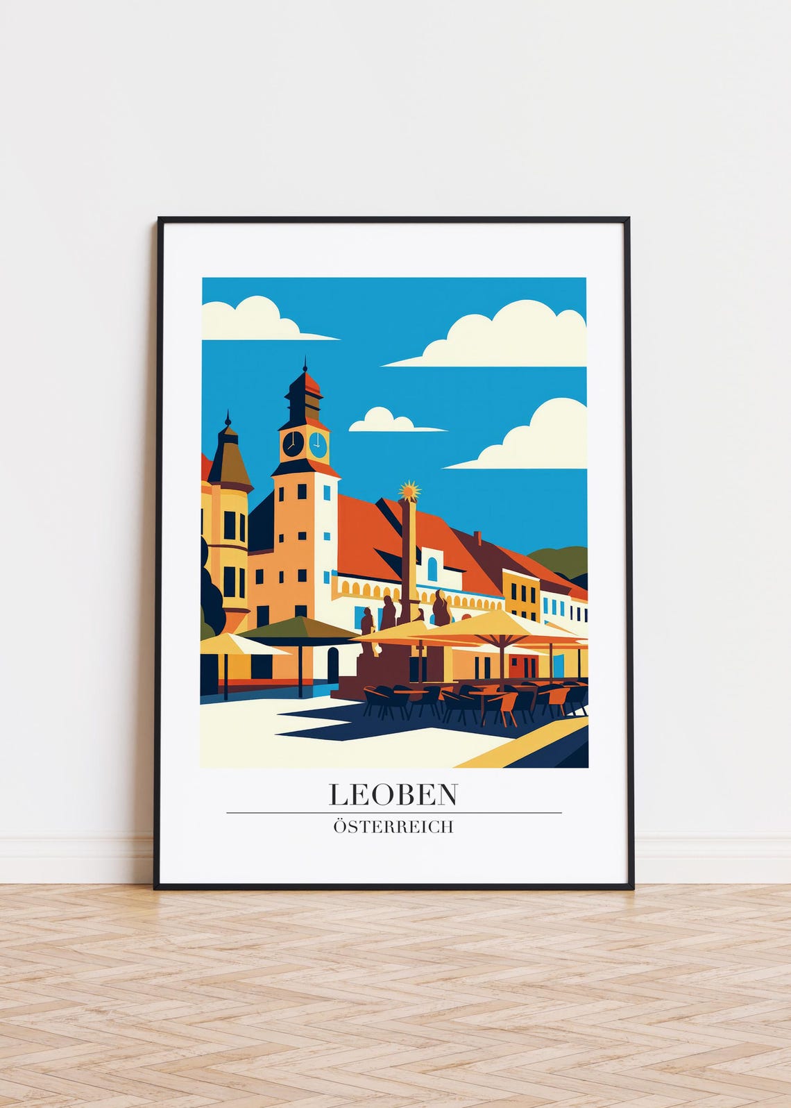 Leoben Austria Old Town Square Clock Tower Sunny Travel Poster