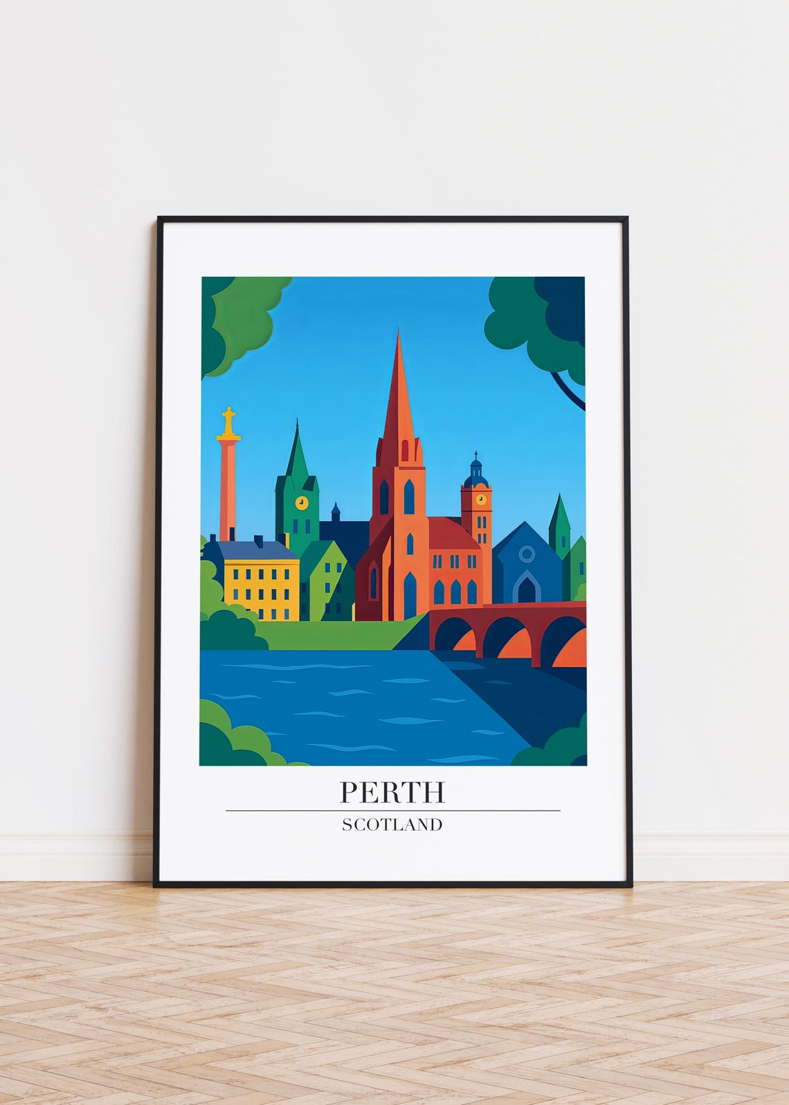 Perth Scotland River Bridge Cathedral Spire Travel Art Poster