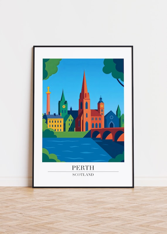 Perth Scotland River Bridge Cathedral Spire Travel Art Poster