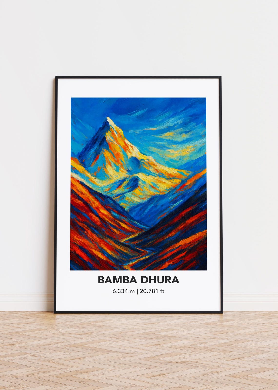 Bamba Dhura Snow Peak Vibrant Red Blue Oil Painting Style Poster