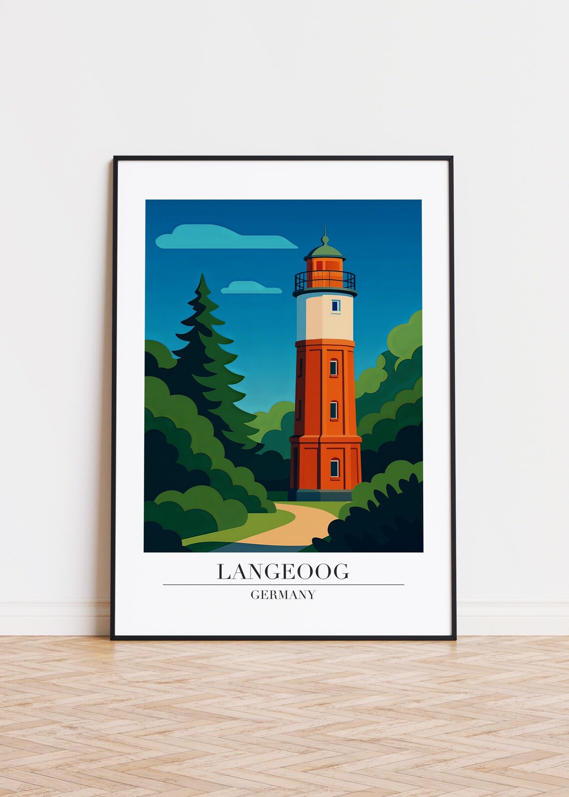 Langeoog Germany Red Lighthouse in Green Forest Retro Travel Poster