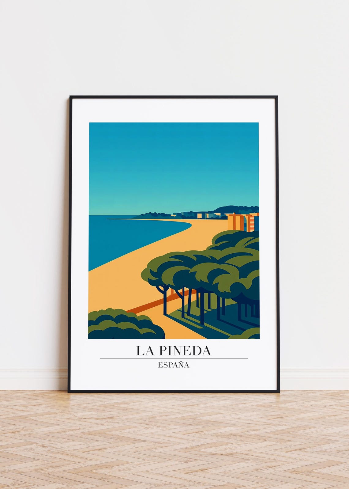 La Pineda Spain Pine Trees Beach Modern Travel Poster Coastal Artwork