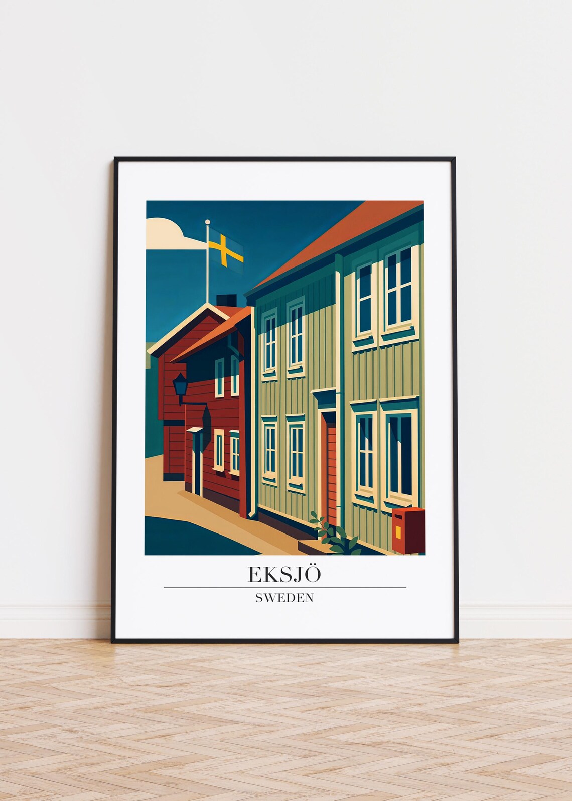 Eksjo Sweden Historic Wooden Town Street Retro Travel Art Poster