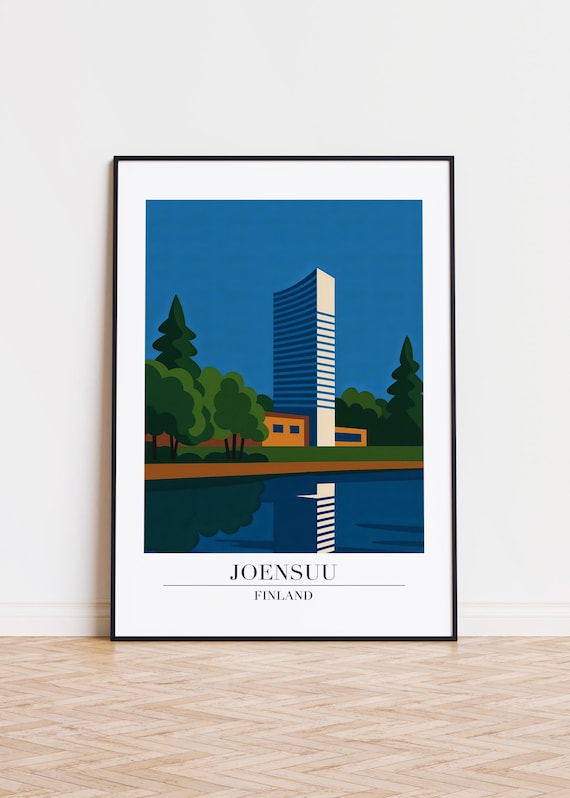 Joensuu Finland Modern Lakeside Tower Illustration Travel Poster