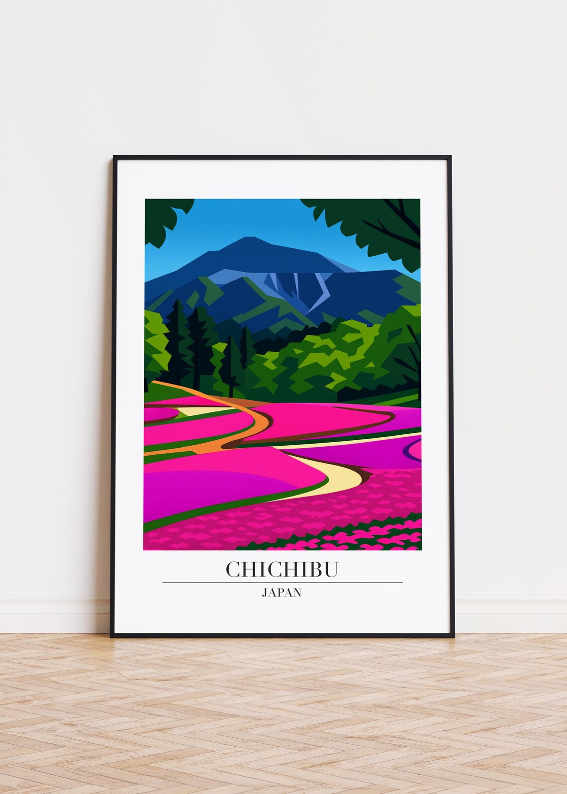Chichibu Japan Pink Flower Fields Mountain Landscape Travel Art Poster