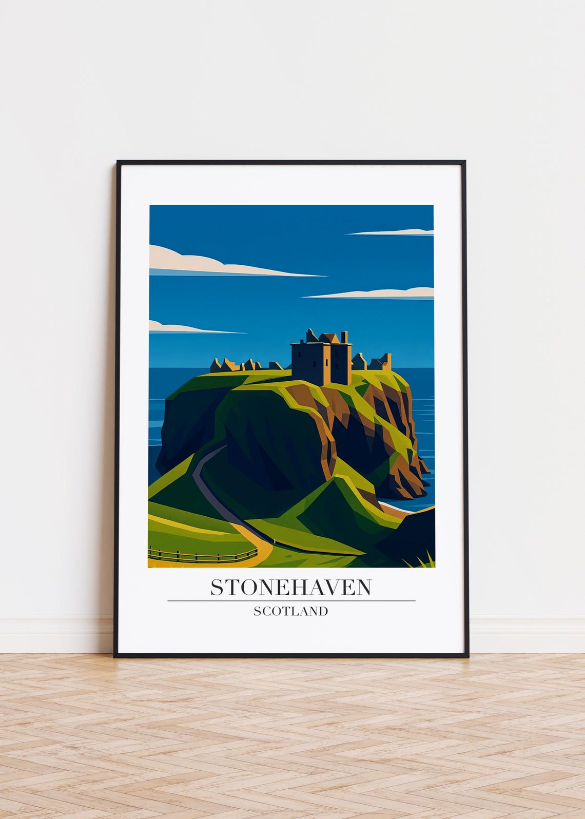 Stonehaven Scotland Clifftop Castle Ruins Sea Coast Travel Poster