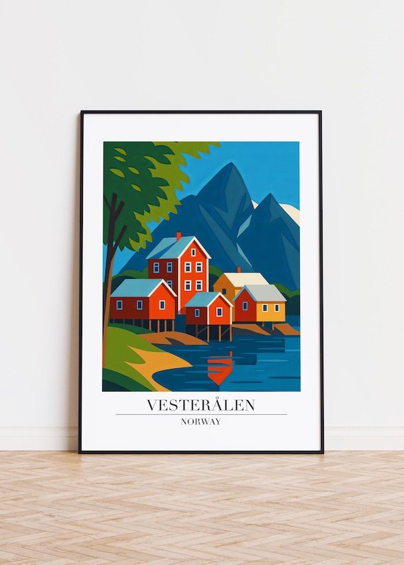 Vesterålen Norway Red Waterfront Cabins Fjord Scandinavian Travel Poster