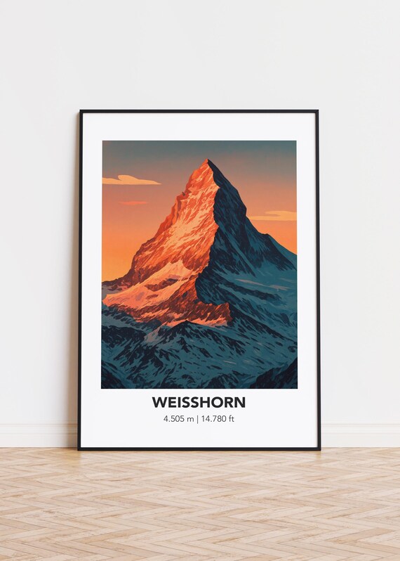 Weisshorn Swiss Alps Summit Pyramid Peak Sunset Illustrated Travel Poster