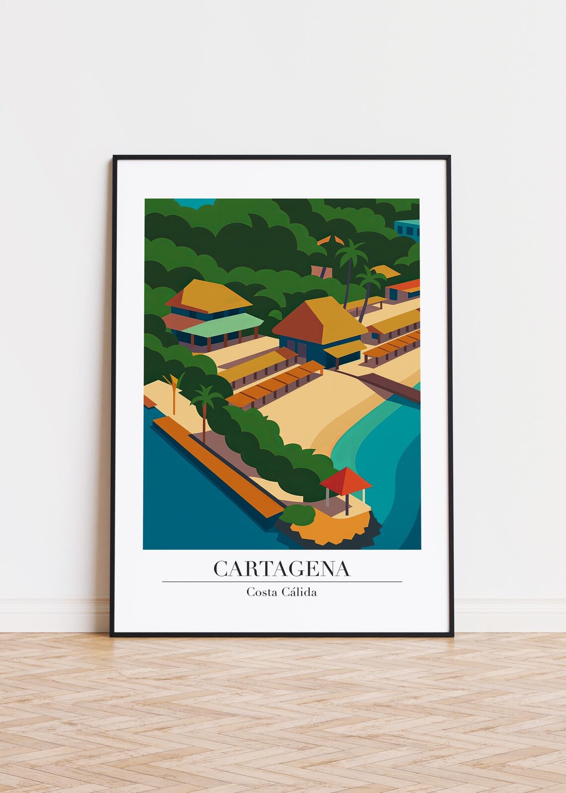 Cartagena Costa Calida Tropical Harbor Boats Travel Illustration Poster