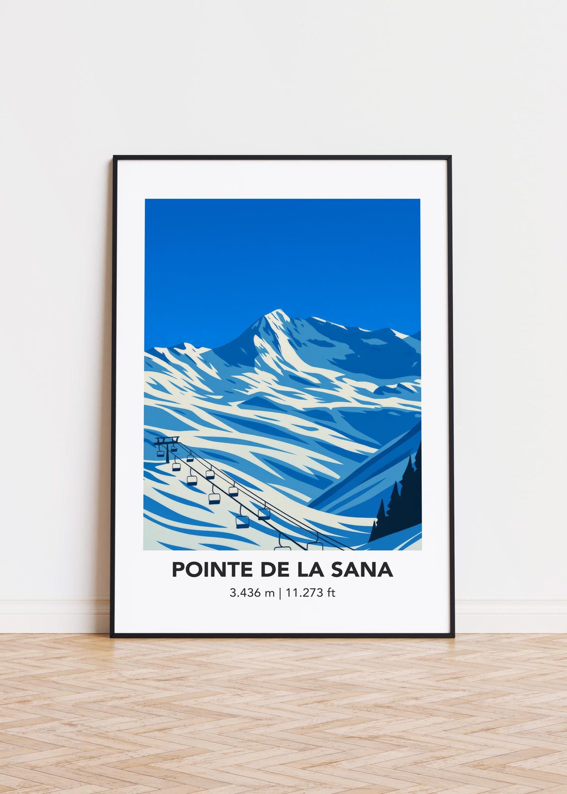 Pointe de la Sana Ski Poster Snowy Alpine Mountain with Chairlift Art