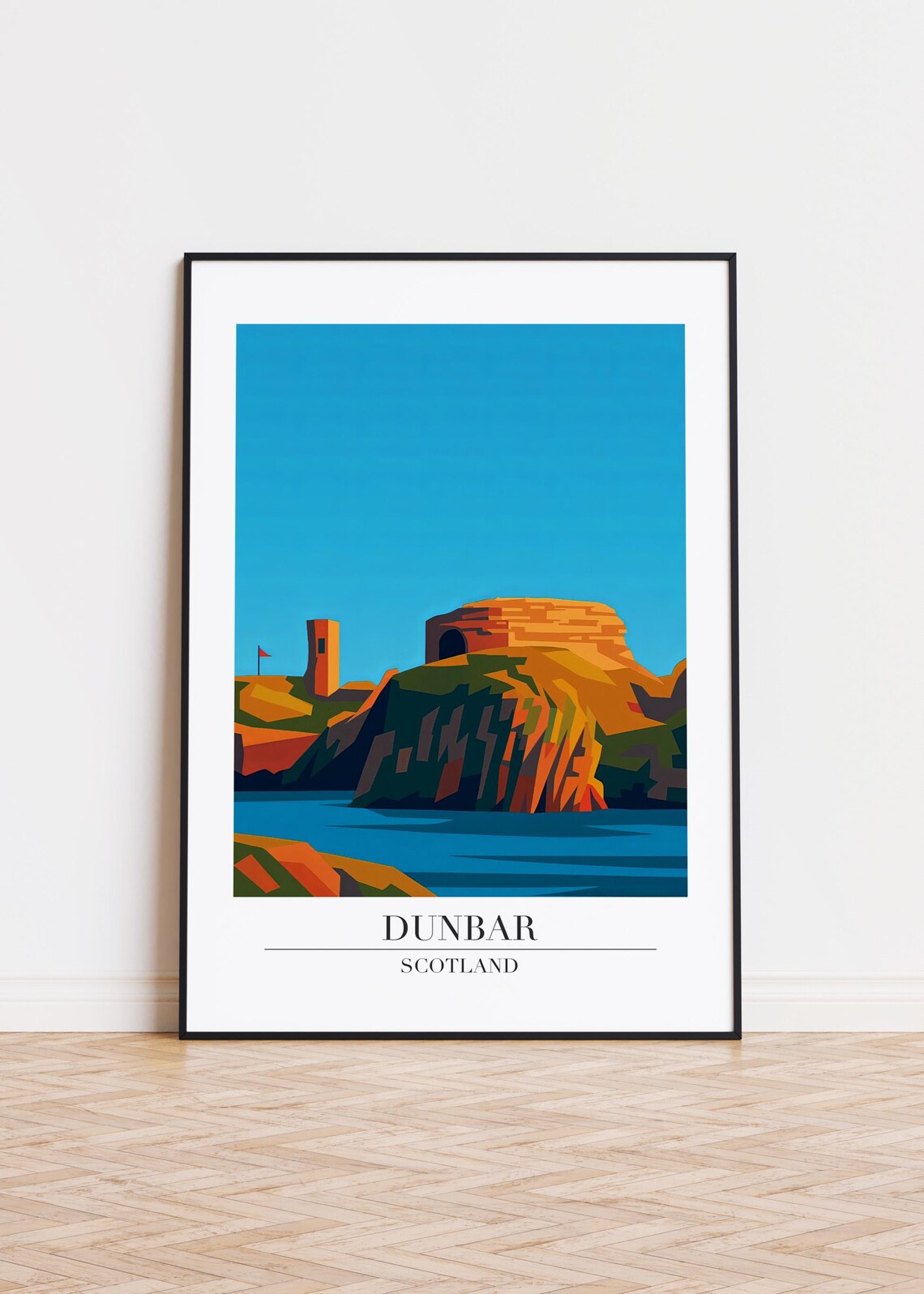 Dunbar Scotland Travel Poster With Castle Ruins On Dramatic Coastal Cliffs