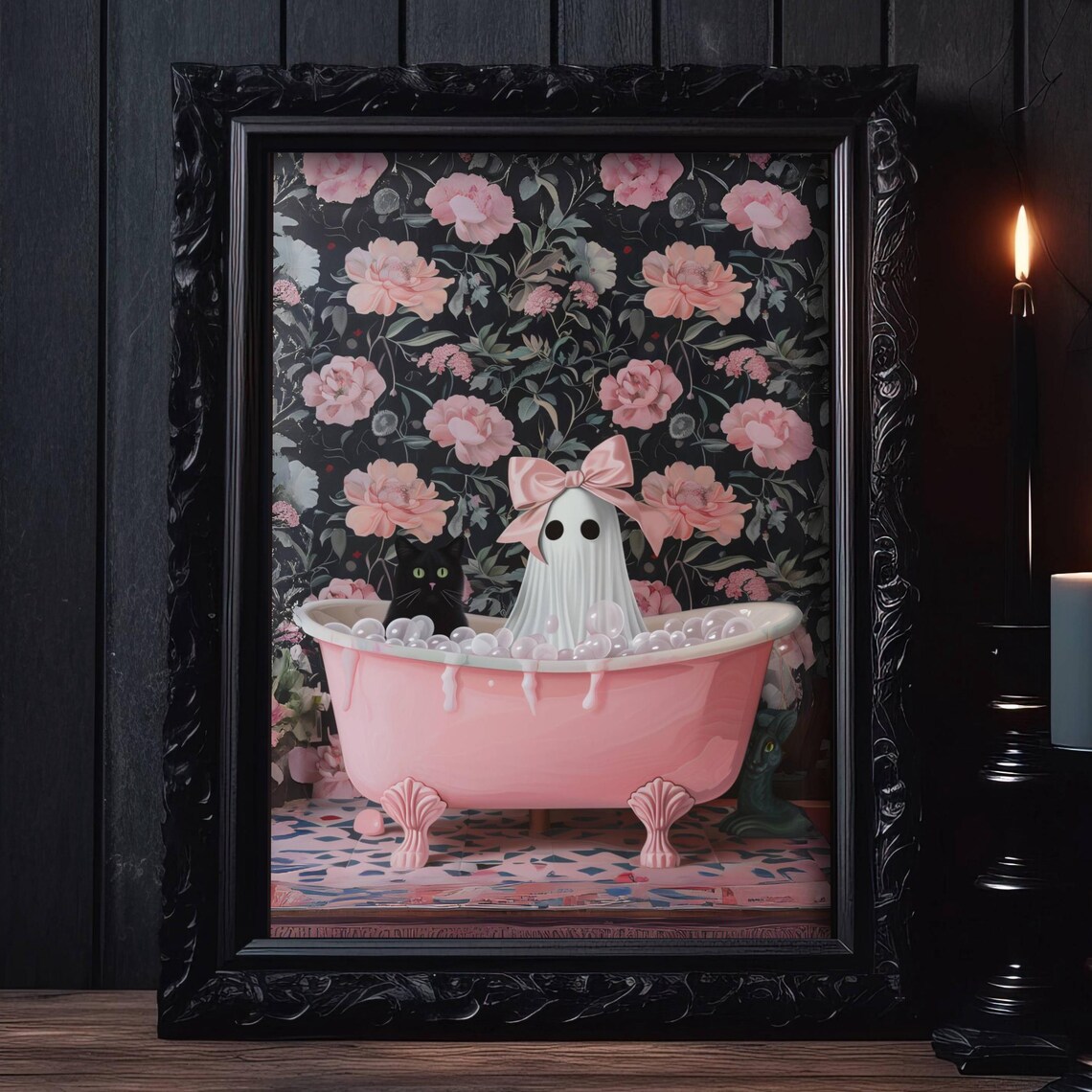 Cute Coquette Ghost And Black Cat In Pink Bathtub Halloween Poster