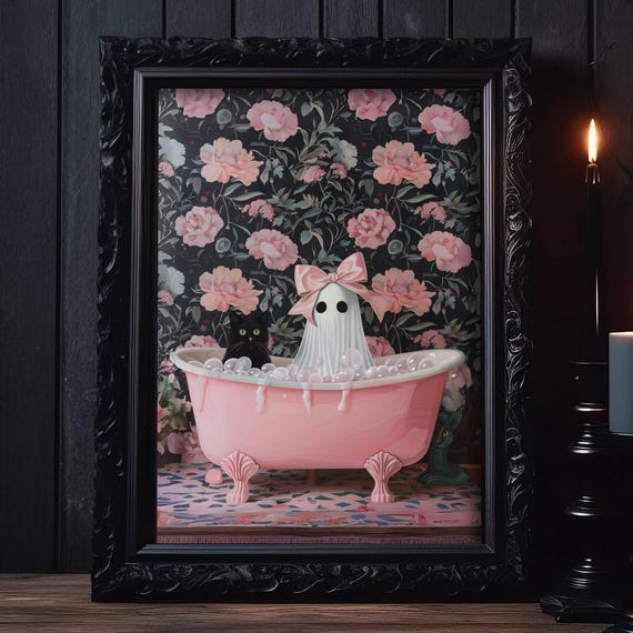 Coquette Girl And Black Cat In Bathtub Poster Girly Goth Halloween Wall Art Cute Spooky Bathroom Decor Pastel Print Unframed