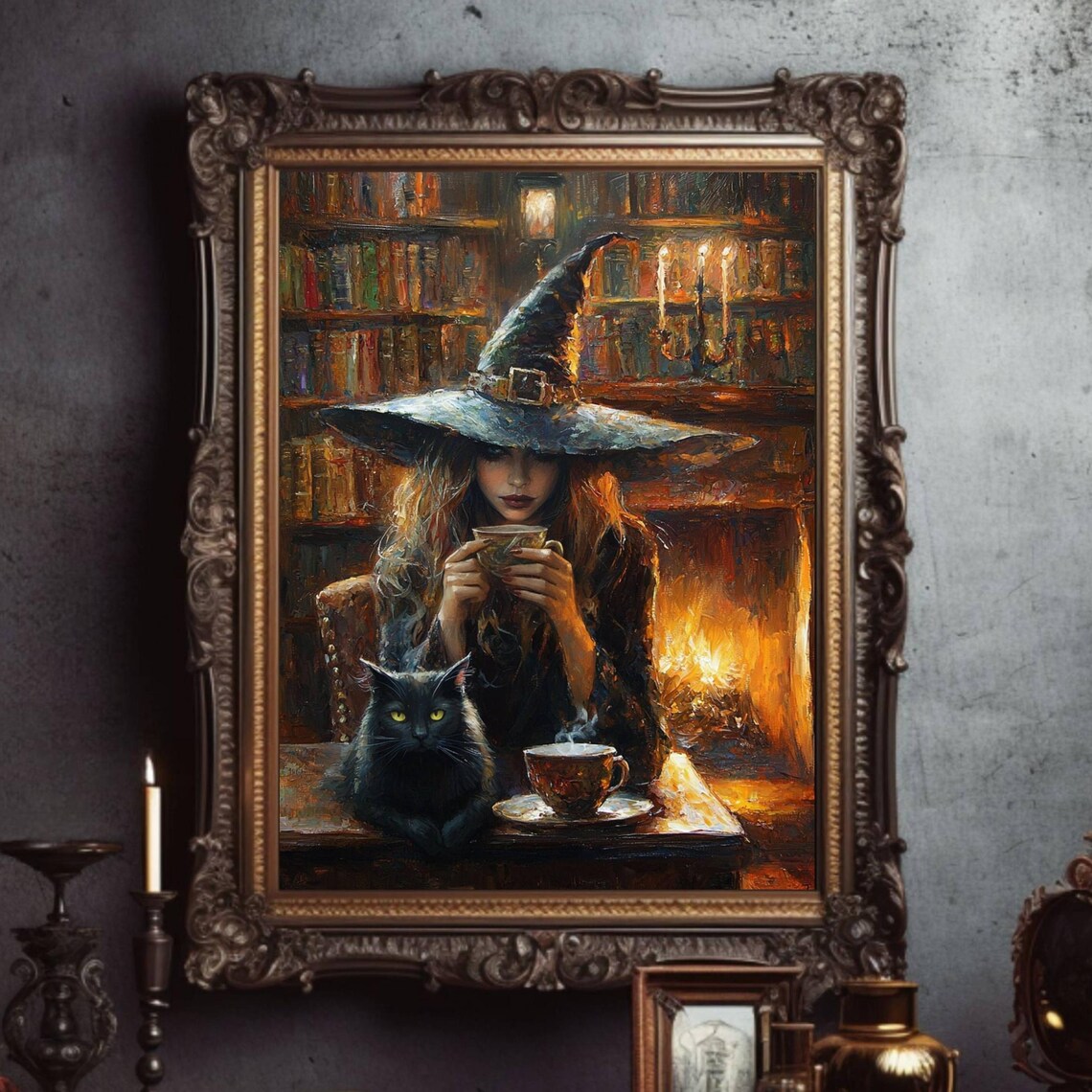 Whimsigoth Witch Tea in Library, Black Cat Art Print
