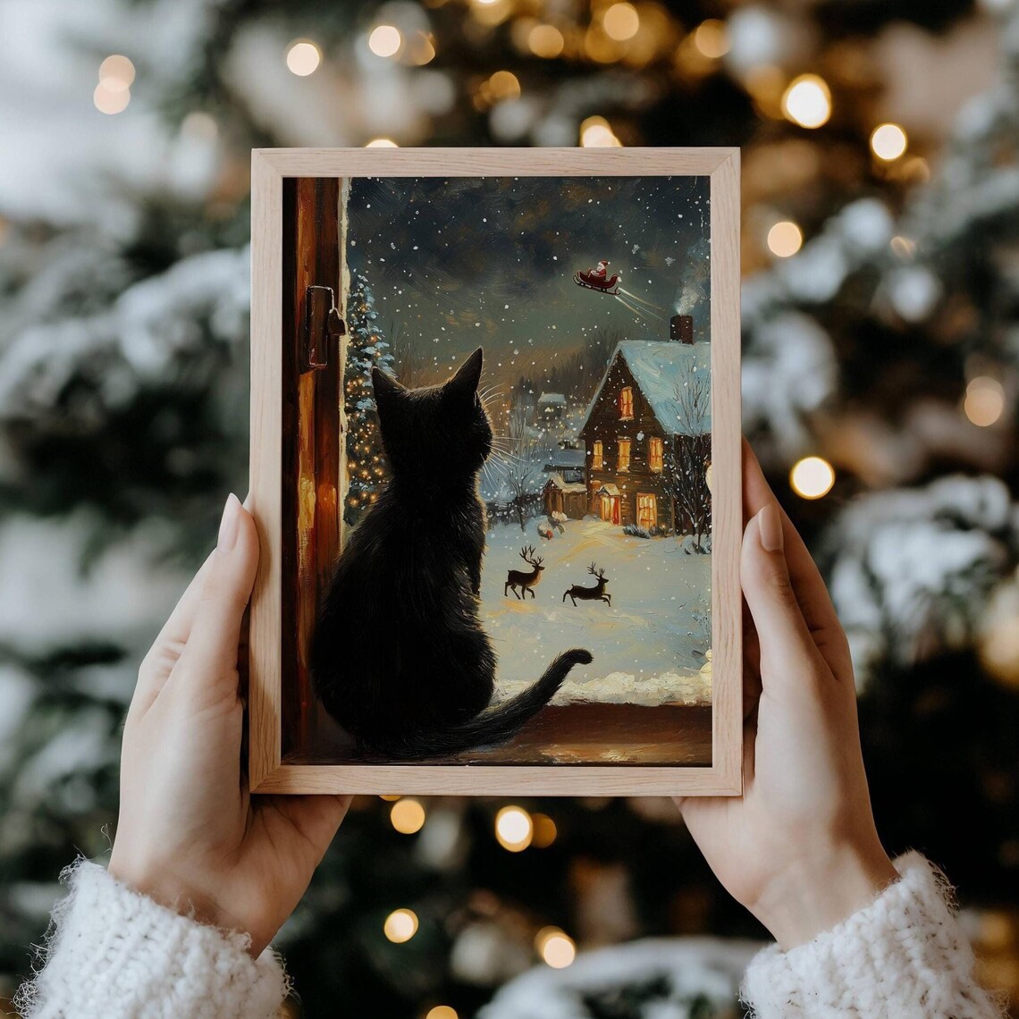Black Cat Christmas Art Print, Holiday Wall Decor