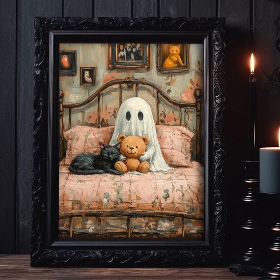 Ghost Cuddling a Teddy Bear on a Bed With a Sleeping Cat Poster