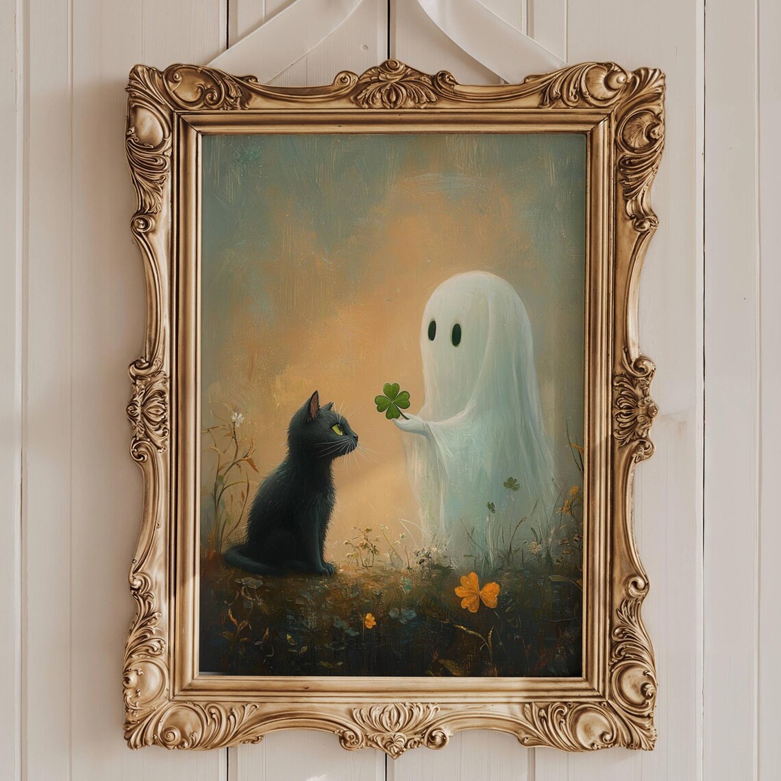 Black Cat And Ghost With Four Leaf Clover Art Print