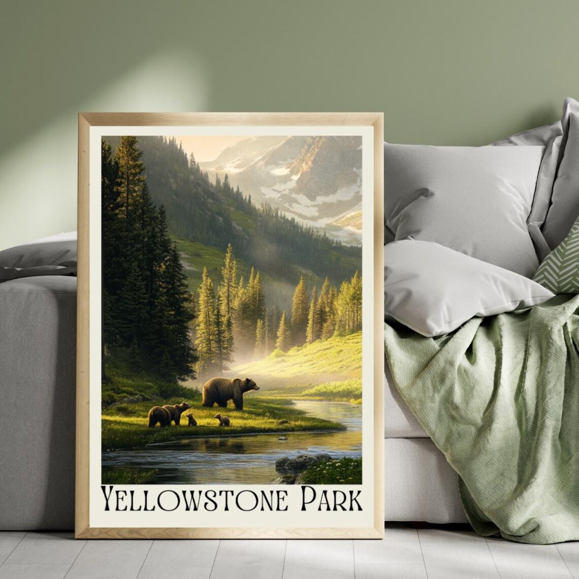 Yellowstone Park Poster with Grizzly Bear Family by the River
