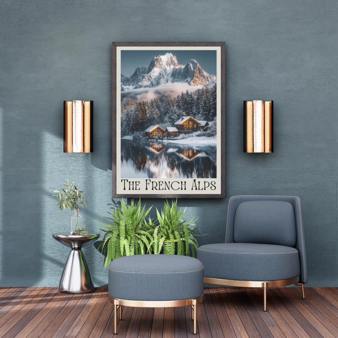 The French Alps Poster with Snow Cabins Reflected in a Mirror Lake - Image 3
